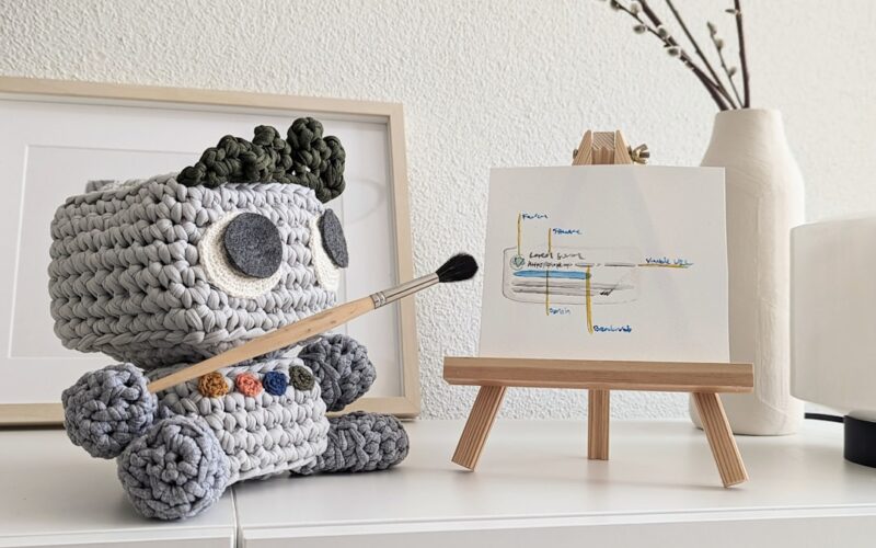 a crocheted koala holding a paintbrush next to a white easel
