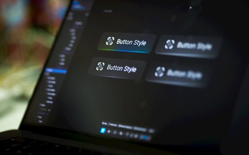 Laptop screen displays four button style options.