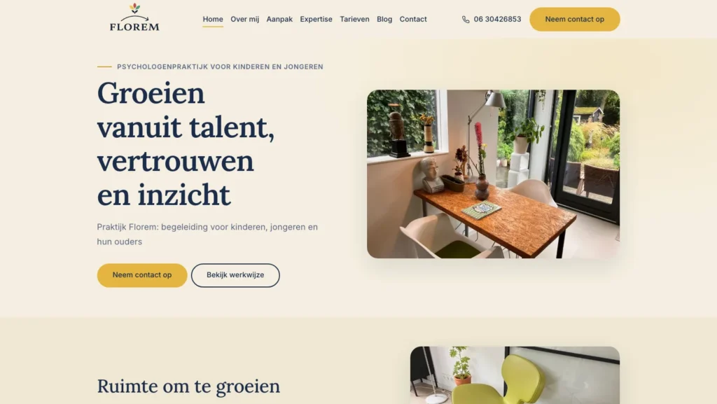 Homepagina van de website van Praktijk Florem